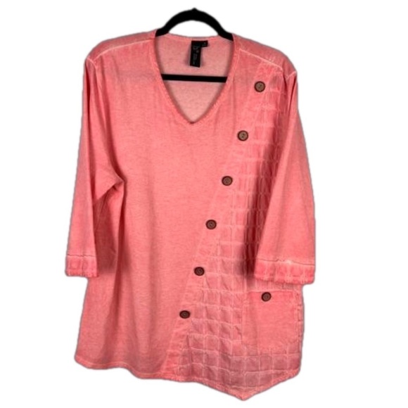 Focus Casual Life Lagenlook Cotton Pink V Neck 3/4 Sleeve Top Medium - Picture 1 of 12